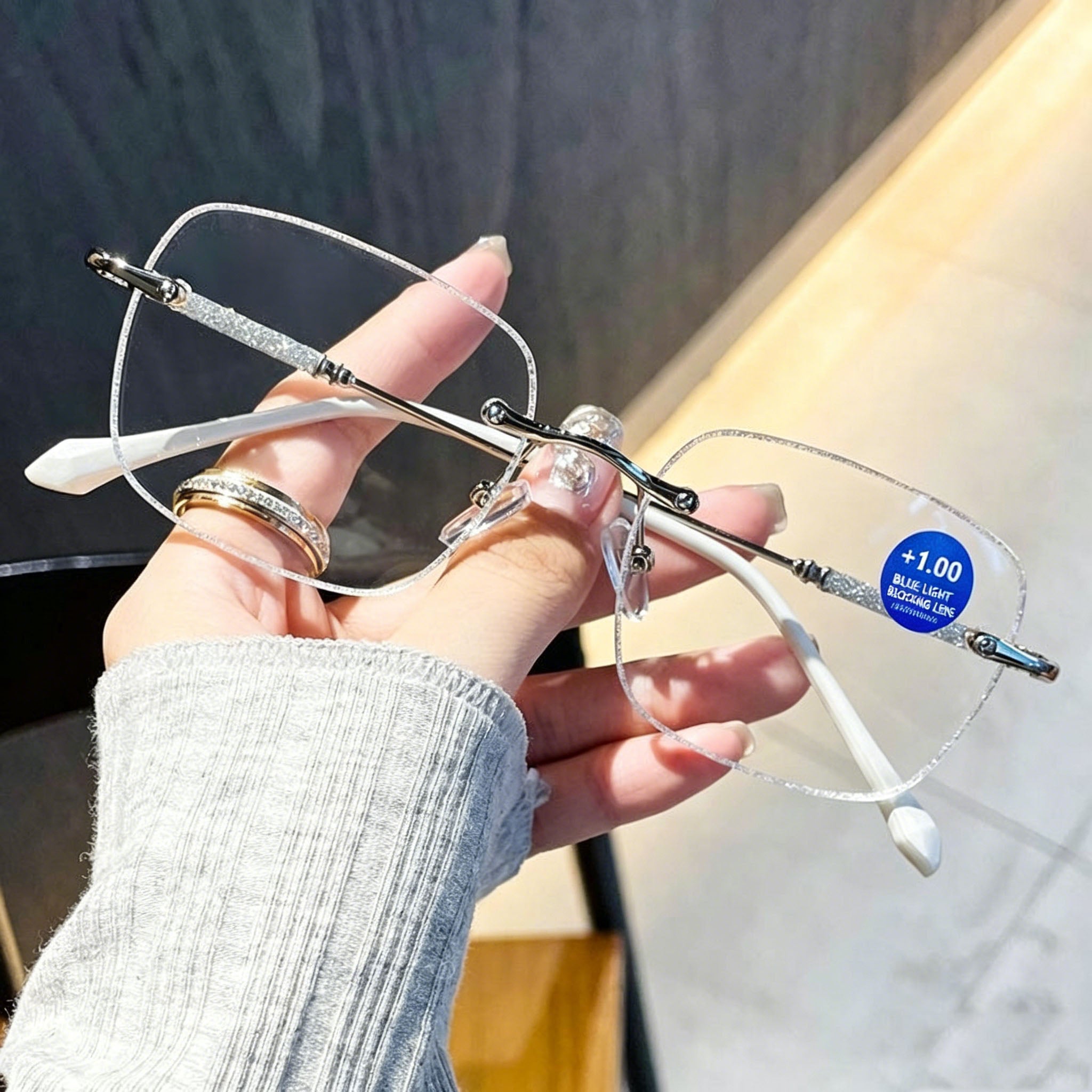 Starry Glitter-Edged, Rimless Square Blue-Light Blocking Reading Glasses — Stylish Women's Readers