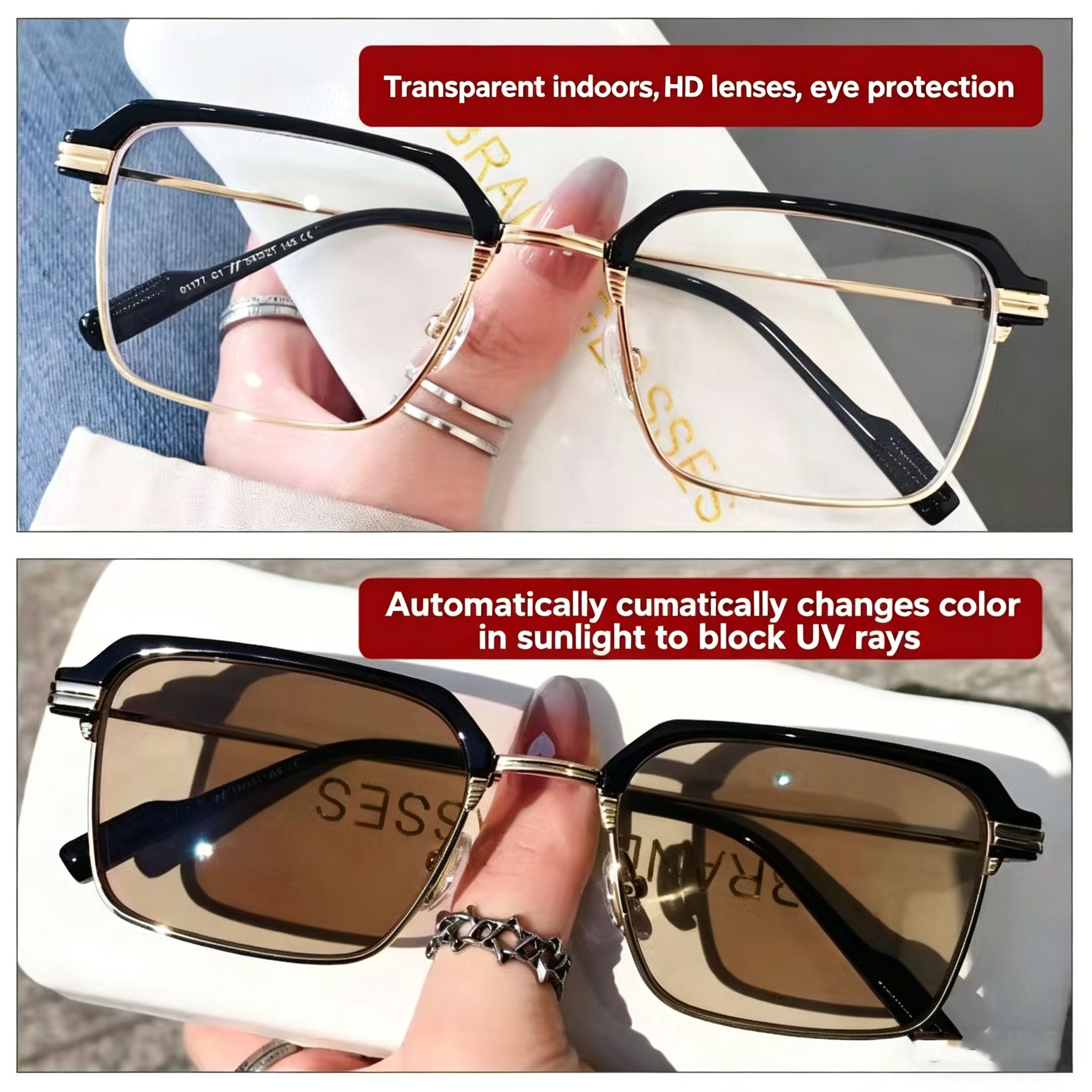 HD Anti-Blue Light Reading Glasses — Stylish Browline Frame, Metal Photochromic Non-Prescription Eyewear