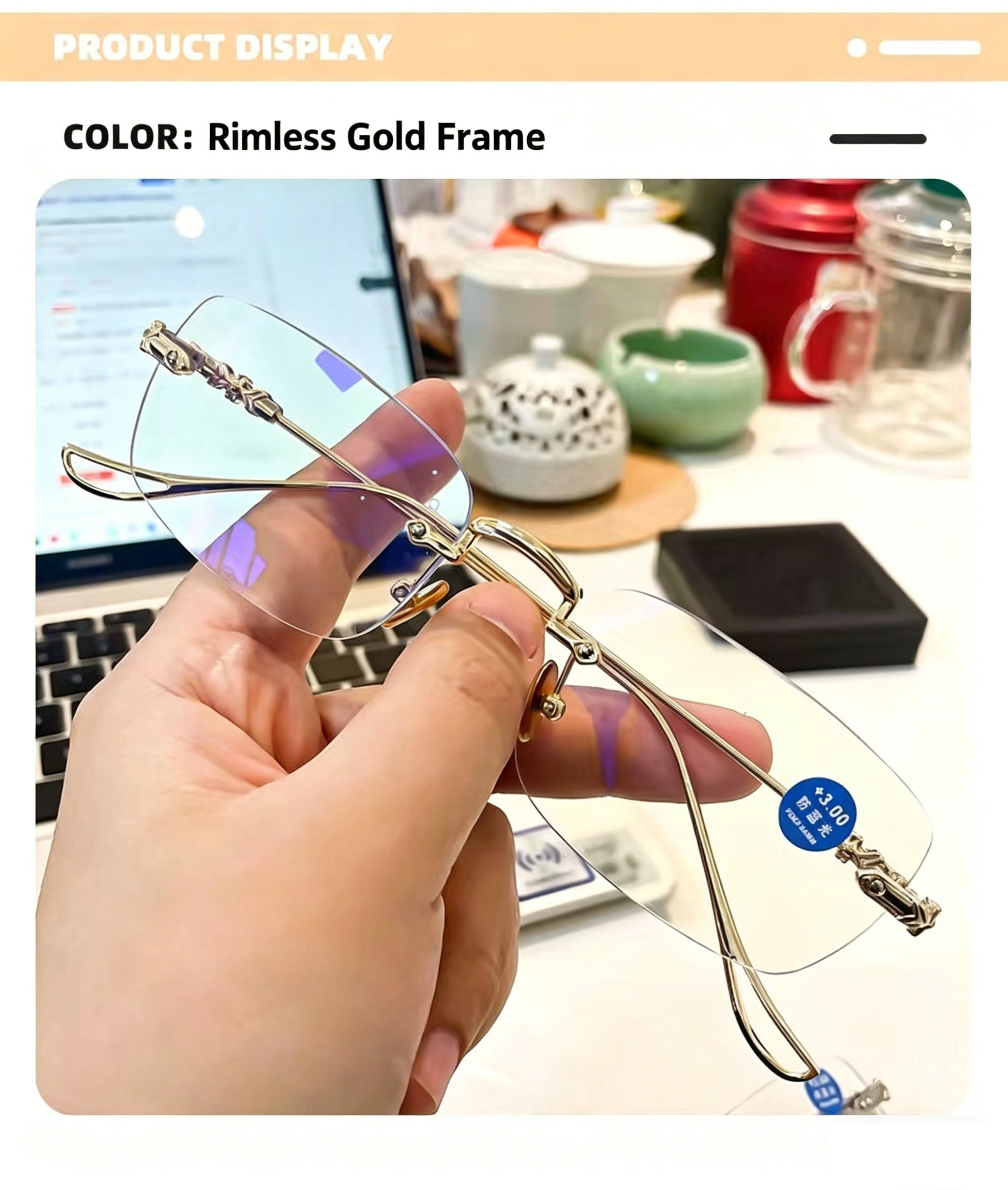 New Style Photochromic Resin & Metal Rimless Cut-Edge Anti-Blue Light Reading Glasses