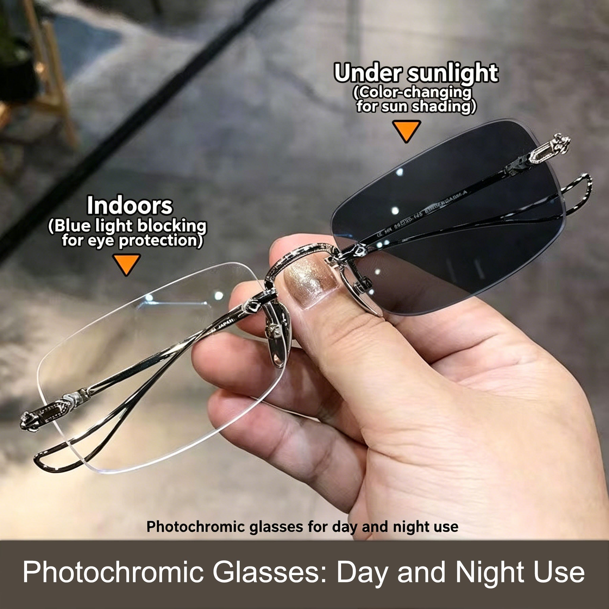 New Style Photochromic Resin & Metal Rimless Cut-Edge Anti-Blue Light Reading Glasses