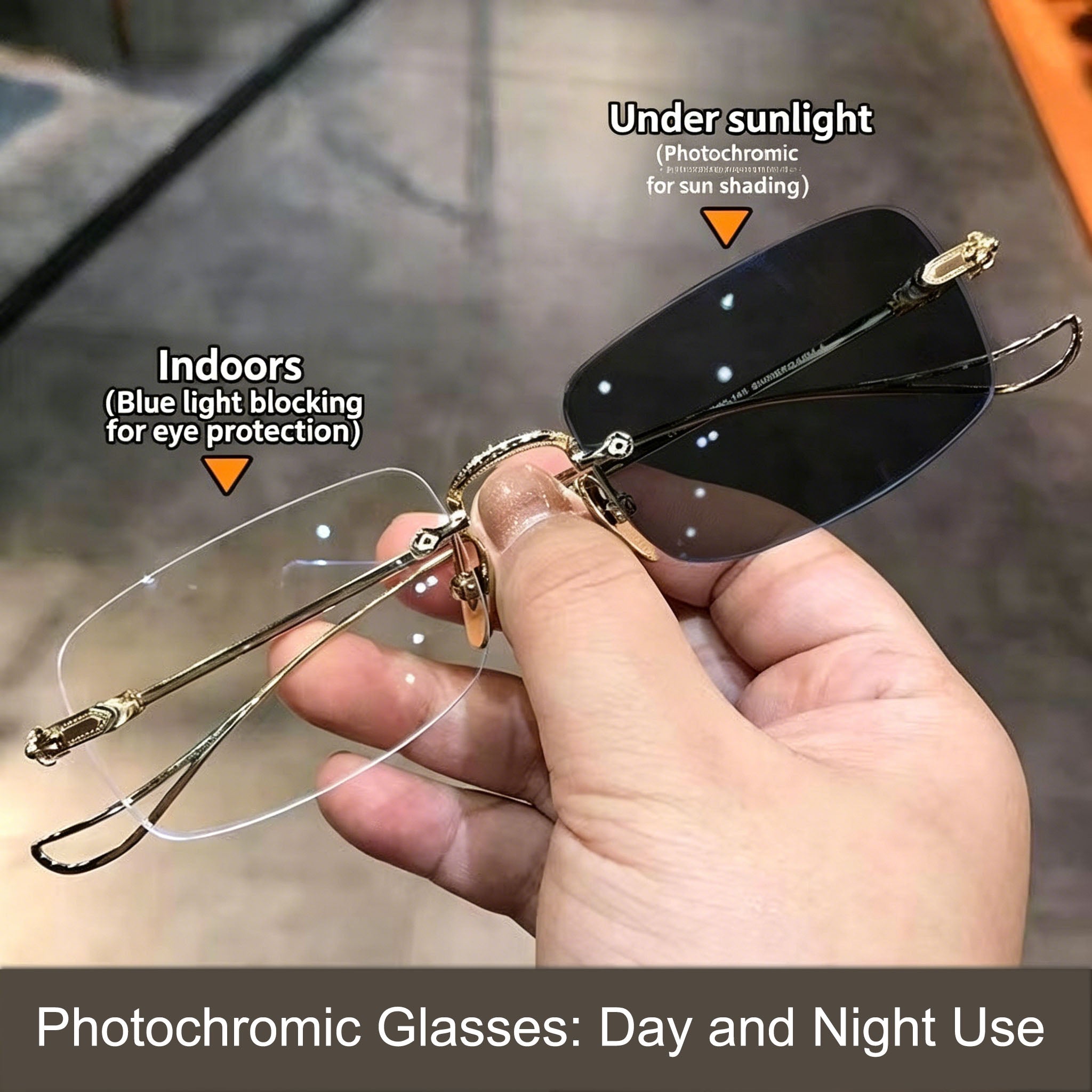 New Style Photochromic Resin & Metal Rimless Cut-Edge Anti-Blue Light Reading Glasses