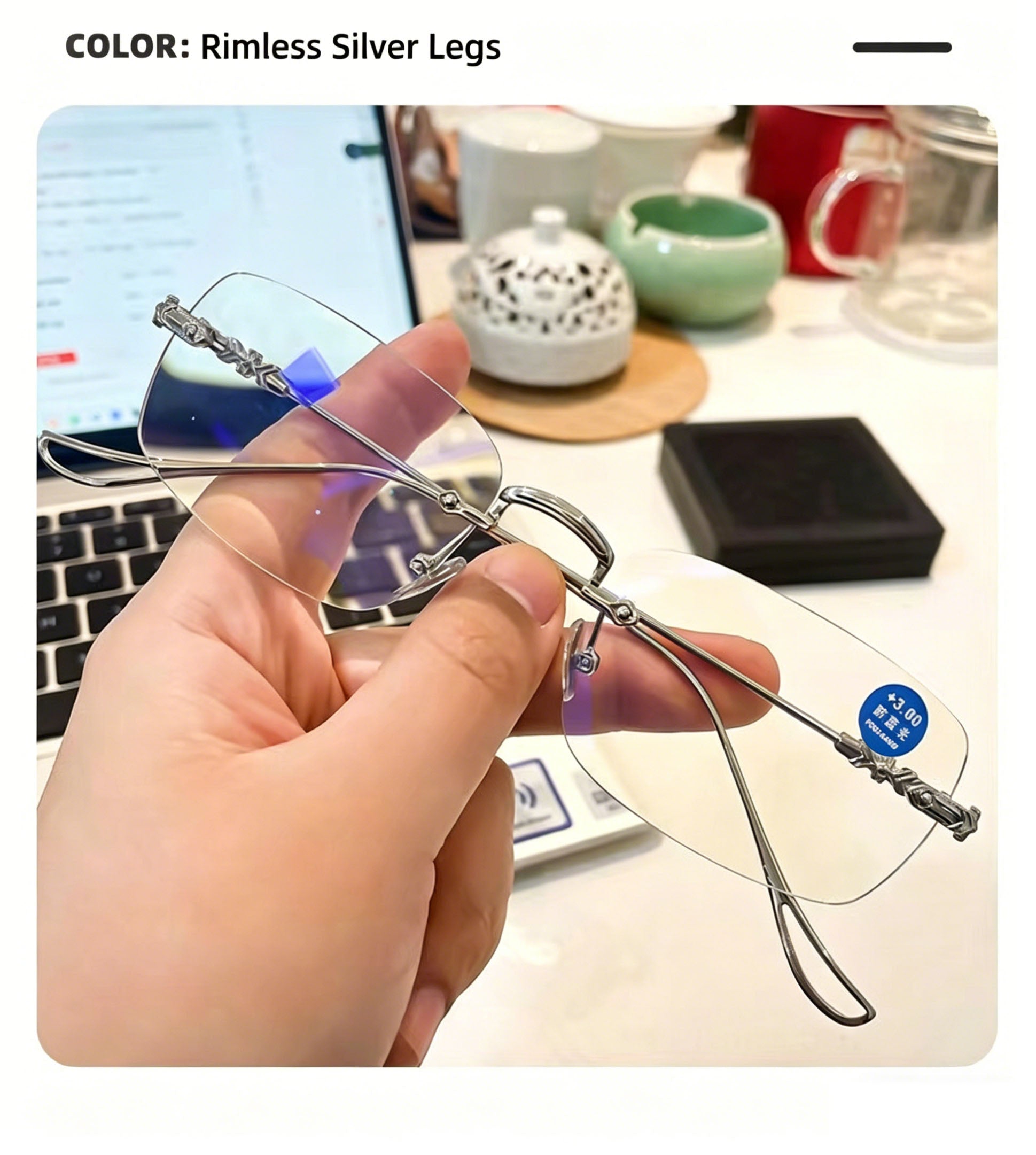 New Style Photochromic Resin & Metal Rimless Cut-Edge Anti-Blue Light Reading Glasses