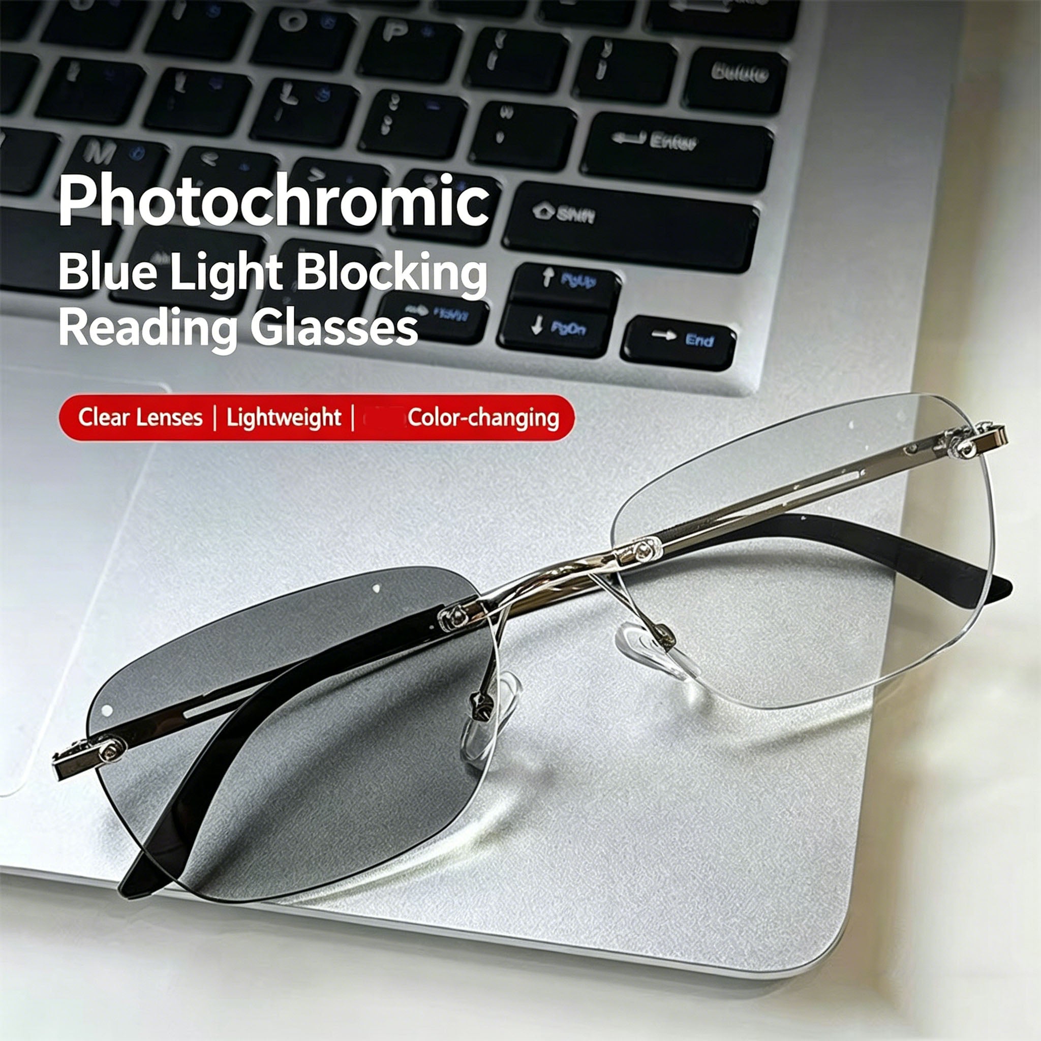Smart Photochromic Blue-Light Blocking Reading Glasses — Rimless Metal, HD Clarity, Anti-Fatigue Eyewear for Men and Women (Middle-Aged & Seniors)
