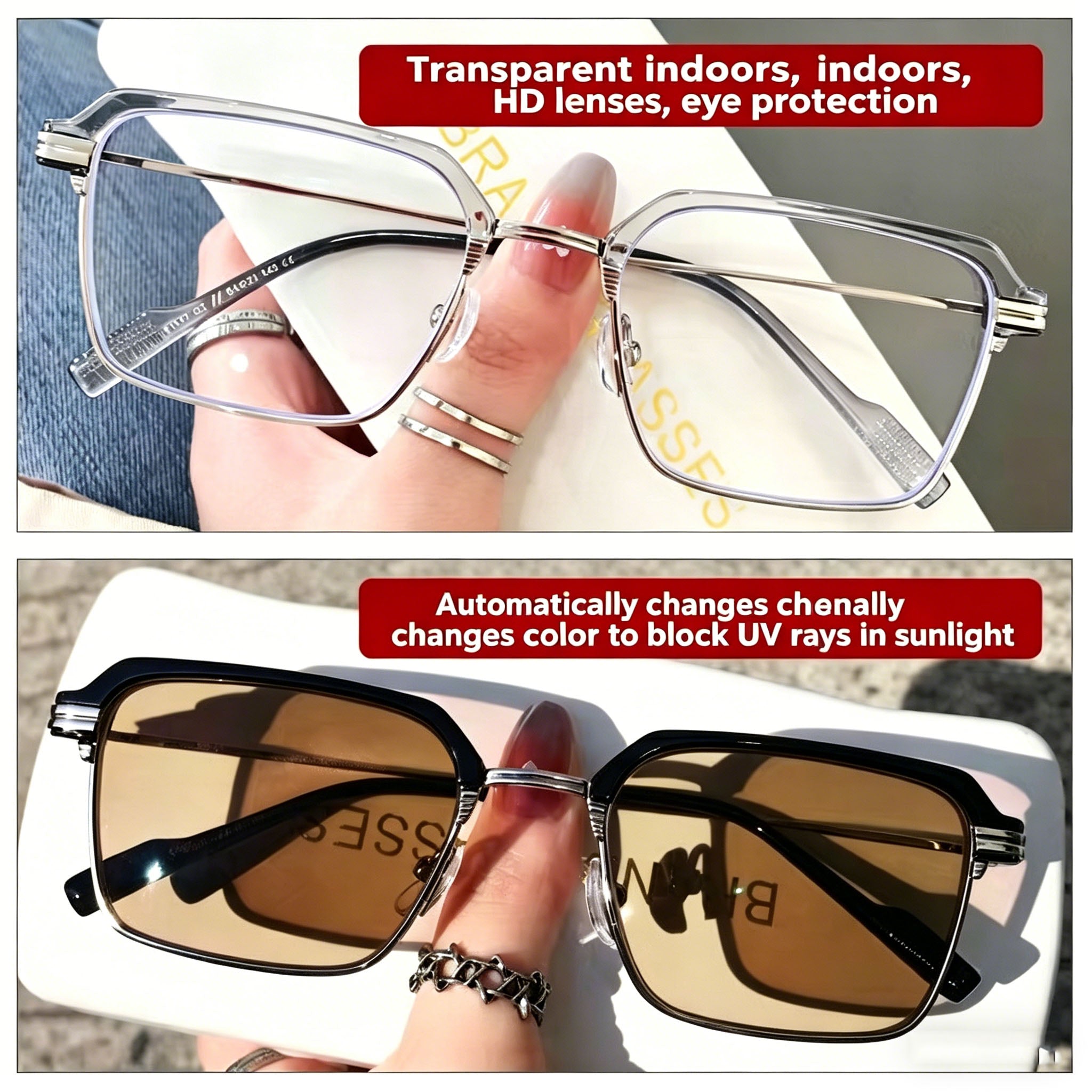 HD Anti-Blue Light Reading Glasses — Stylish Browline Frame, Metal Photochromic Non-Prescription Eyewear